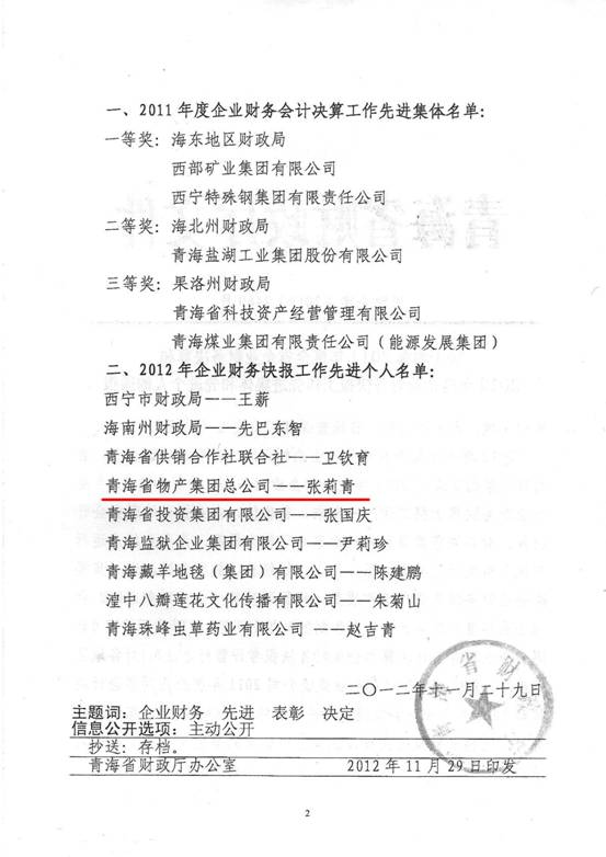 物產(chǎn)集團(tuán)榮獲2011年度財務(wù)決算先進(jìn)單位、2012年度財務(wù)快報工作先進(jìn)個人表彰